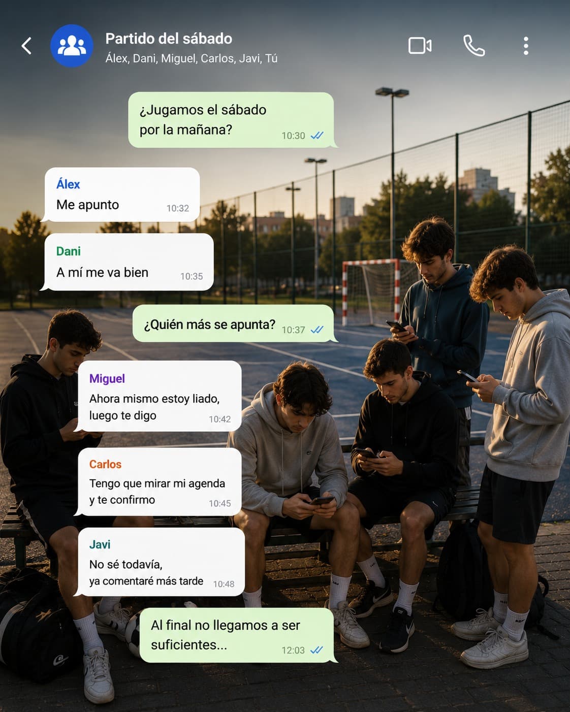 Chat de grupo intentando cuadrar un partido sin conseguir suficientes jugadores
