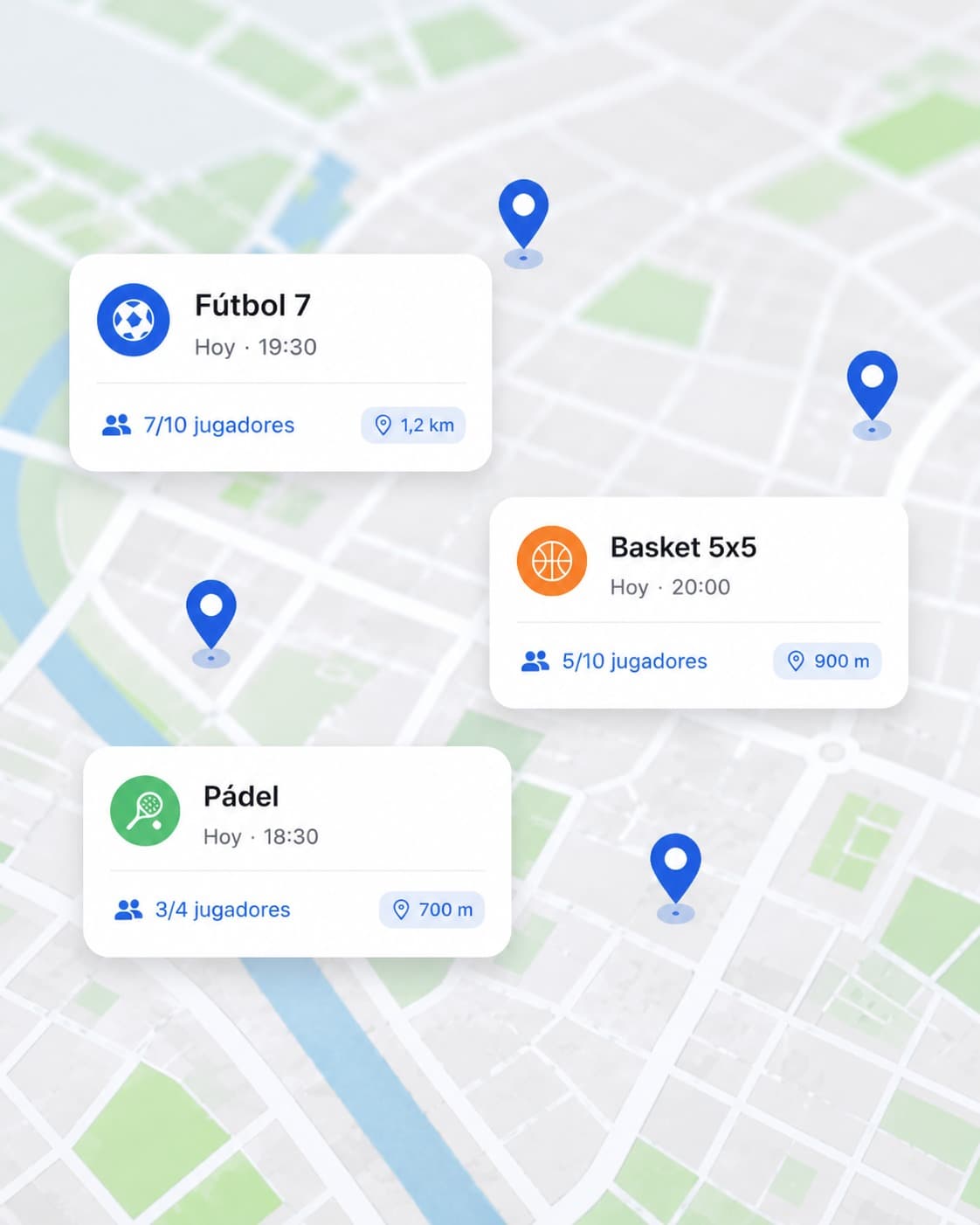 Mapa de MatchDays con partidos de fútbol, baloncesto y pádel cerca